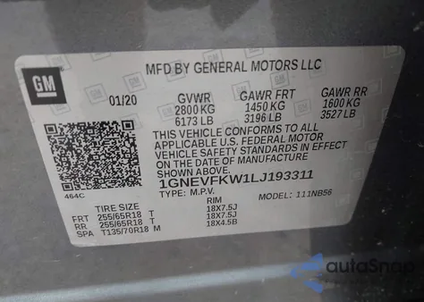 2020 Chevrolet Traverse Awd Ls from USA, damaged, VIN 1GNEVFKW1LJ193311